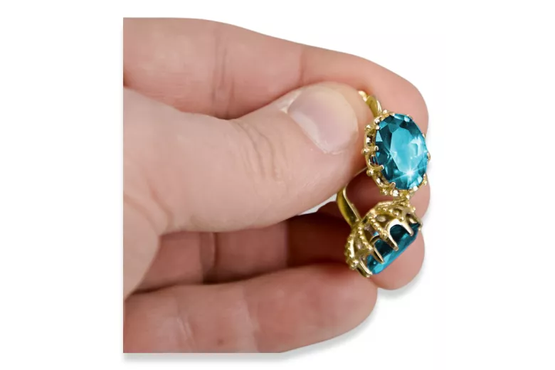 14K жълто злато 14K (585) Aquamarine Обеци vec079y Руски Съветски СССР Винтидж крафт Ар-деко style