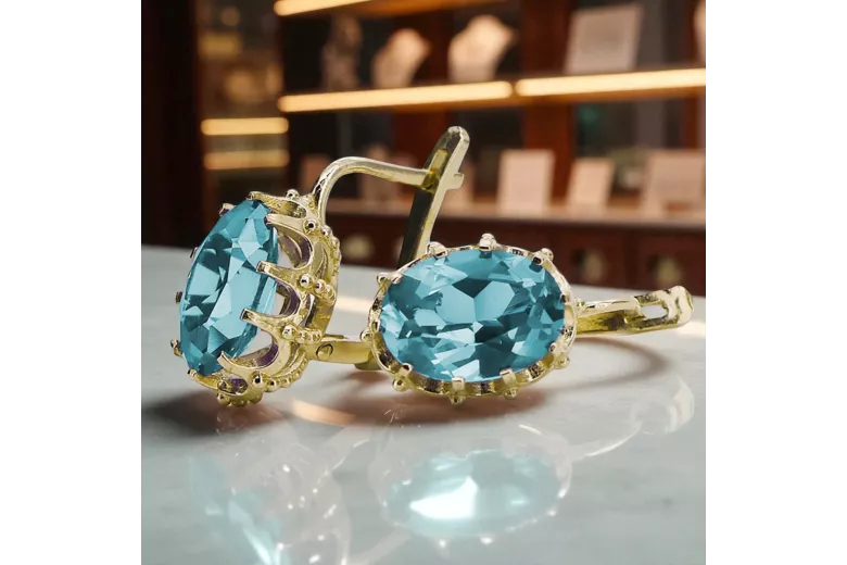 Yellow 14k gold 14K (585) Aquamarine earrings vec079y Russian Soviet USSR Vintage style Art Deco style