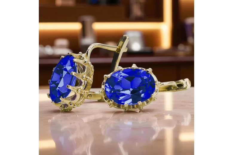 Oro amarillo de 14 quilates 14K (585) Sapphire pendientes vec079y Ruso Soviético URSS Vintage Art Deco style