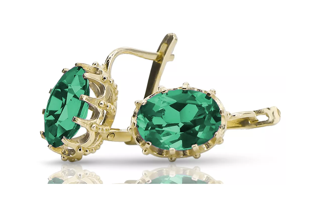 Or jaune 14 carats 14K (585) Emerald des boucles d'oreilles vec079y Russe Soviétique URSS Vintage Art Deco style
