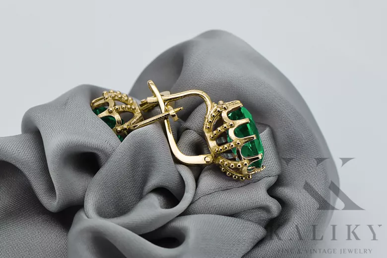 Yellow 14k gold 14K (585) Emerald earrings vec079y Russian Soviet USSR Vintage Art Deco style