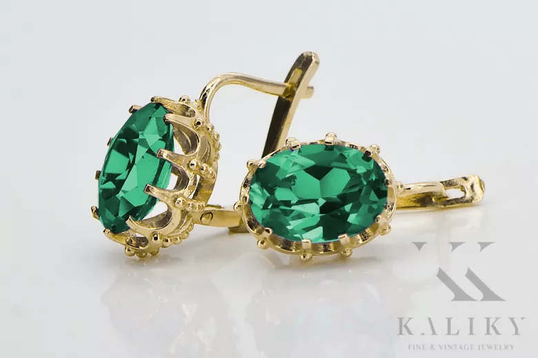 Kolczyki z 14k żółte złoto 14K (585) ze Szmaragdem vec079y Sowiecki styl Klasyczny Vintage Art Deco