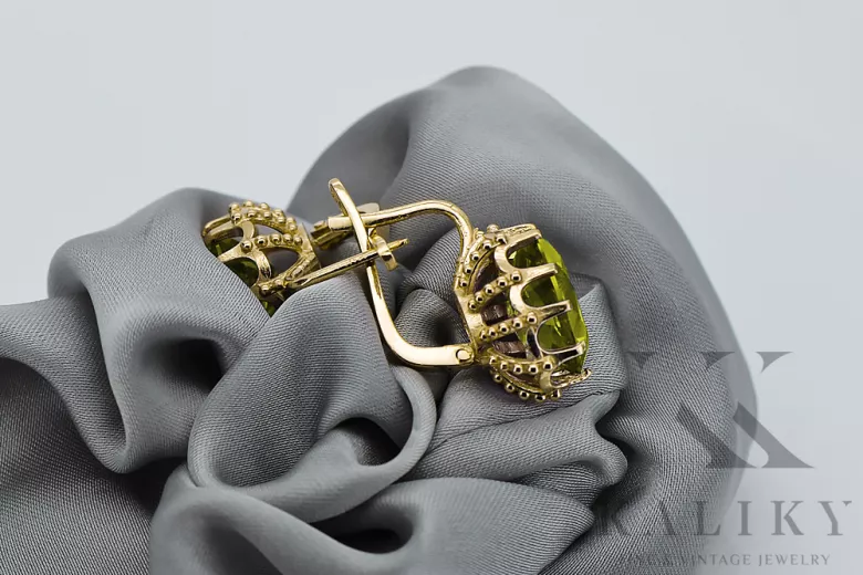 14K жълто злато 14K (585) Yellow Peridot Обеци vec079y Руски Съветски СССР Винтидж крафт Ар-деко style