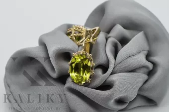 Or jaune 14 carats 14K (585) Yellow Peridot des boucles d'oreilles vec079y Russe Soviétique URSS Style vintage Art Deco style