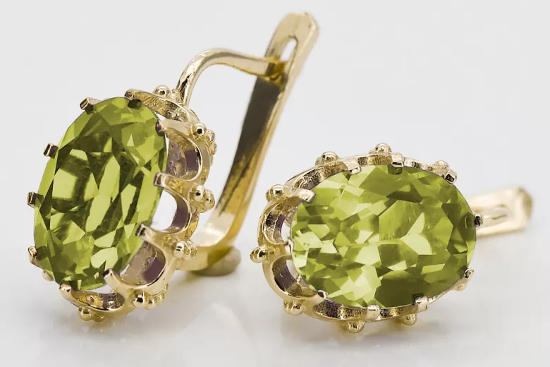 Or jaune 14 carats 14K (585) Yellow Peridot des boucles d'oreilles vec079y Russe Soviétique URSS Style vintage Art Deco style