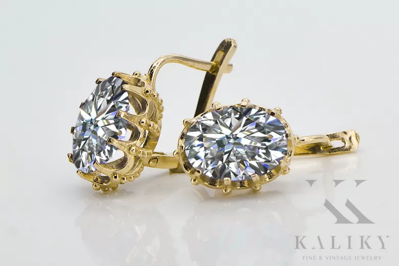 Or jaune 14 carats 14K (585) Zircon des boucles d'oreilles vec079y Russe Soviétique URSS Artisanat vintage Art Deco style