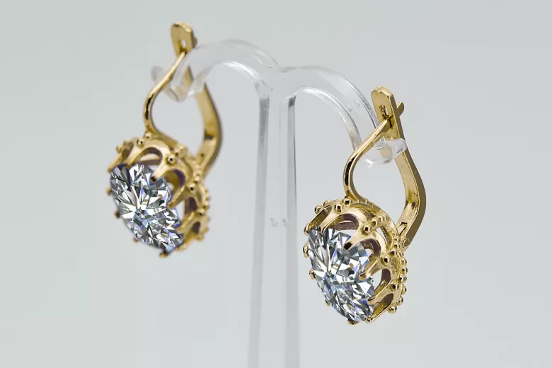 Or jaune 14 carats 14K (585) Zircon des boucles d'oreilles vec079y Russe Soviétique URSS Artisanat vintage Art Deco style