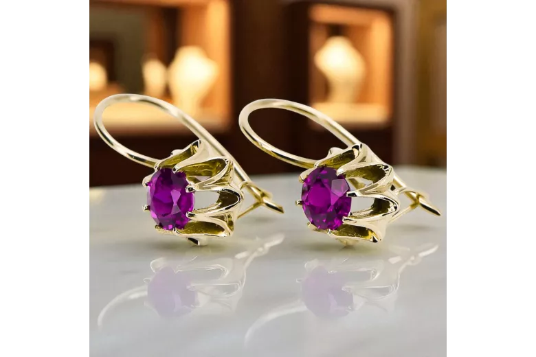 Gelb 14 Karat Gold 14k (585) Amethyst-Ohrringe Vec092Y Russischer Sowjetischer UdSSR-Weinlese-Jewlery Art Deco-Stil