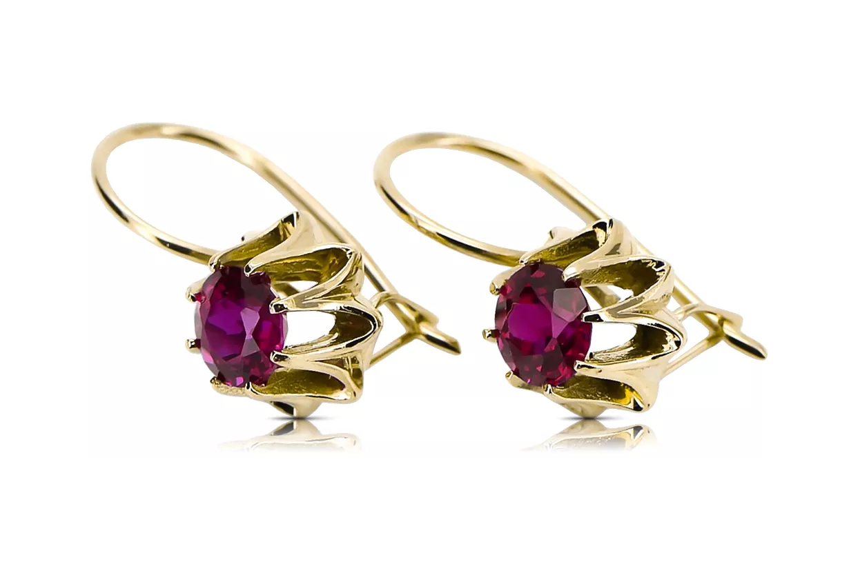 Oro amarillo de 14 quilates 14K (585) Ruby pendientes vec092y Ruso Soviético URSS Artesanía vintage Art Deco style