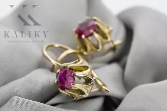 Oro amarillo de 14 quilates 14K (585) Ruby pendientes vec092y Ruso Soviético URSS Artesanía vintage Art Deco style