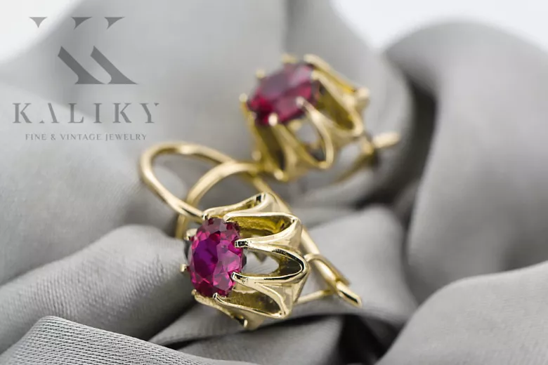 14-ка/желтое золото 14K (585) Ruby Серьги vec092y Русский Советский СССР Винтаж стиль Ар-деко style