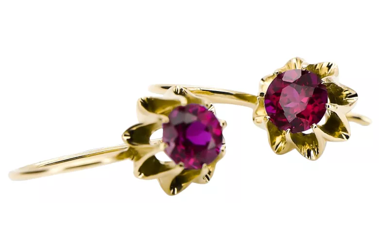 Or jaune 14 carats 14K (585) Ruby des boucles d'oreilles vec092y Russe Soviétique URSS Vintage Art Deco style