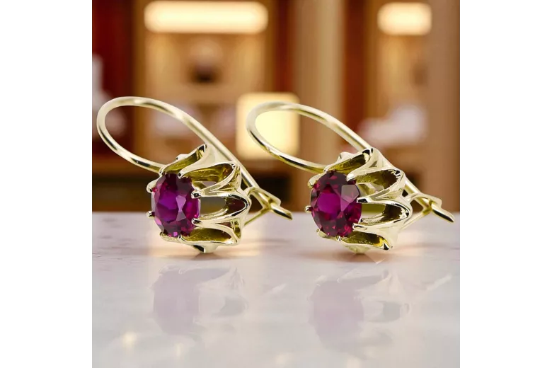 Aur galben 14K 14K (585) Ruby cercei vec092y Rusesc Sovietic URSS Vintage Craft Art Deco style