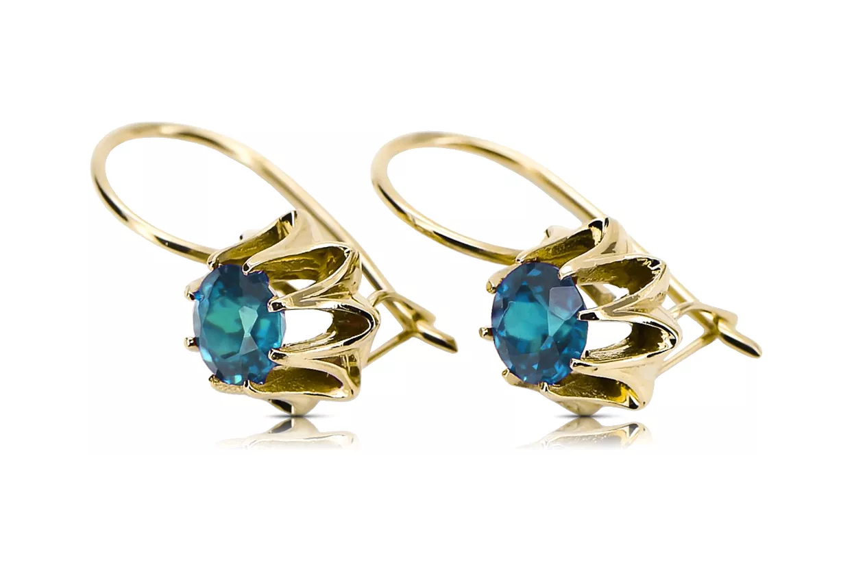 14 كارت من الذهب الأصفر 14K (585) Aquamarine أقراط vec092y روسي سوفيتي الاتحاد السوفيتي حرف يدوية فينتاج آرت ديكو style