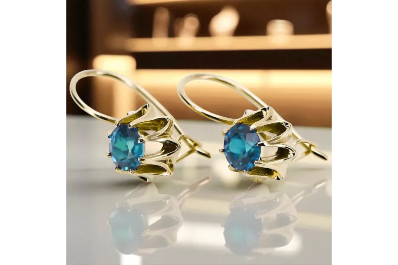 14 كارت من الذهب الأصفر 14K (585) Aquamarine أقراط vec092y روسي سوفيتي الاتحاد السوفيتي حرف يدوية فينتاج آرت ديكو style