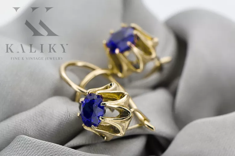 14k κίτρινο χρυσό 14K (585) Sapphire Σκουλαρίκια vec092y Russian Soviet USSR Vintage craft Art Deco style
