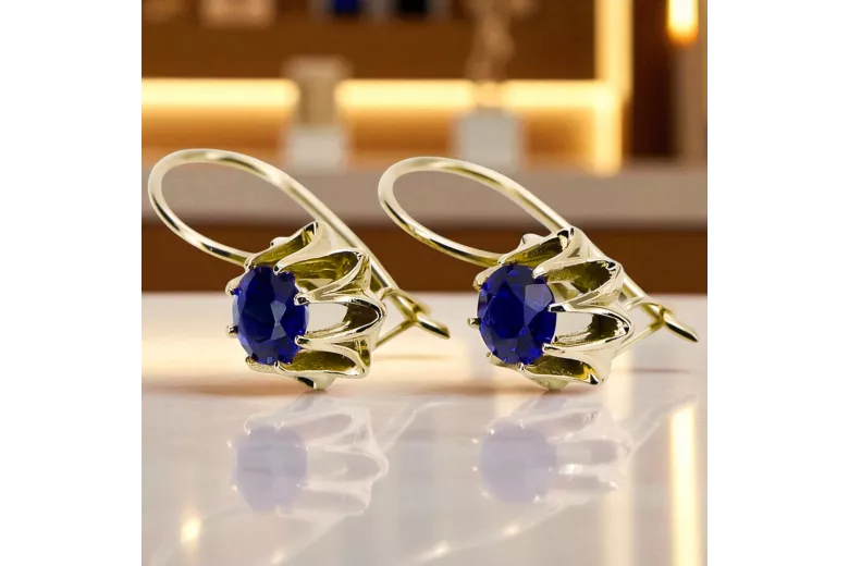 Or jaune 14 carats 14K (585) Sapphire des boucles d'oreilles vec092y Russe Soviétique URSS Style vintage Art Deco style