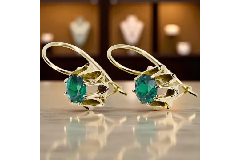 Yellow 14k gold 14K (585) Emerald earrings vec092y Russian Soviet USSR Vintage craft Art Deco style