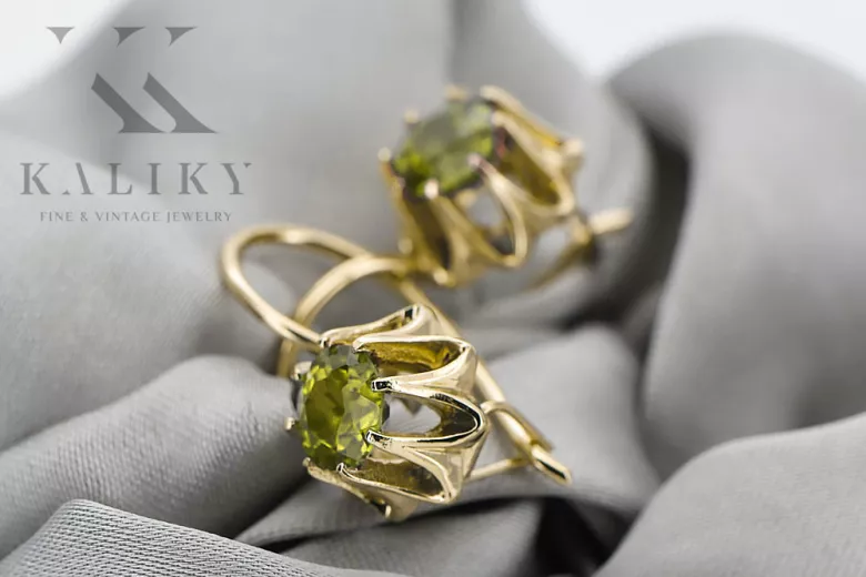 14К жовте золото 14K (585) Yellow Peridot Сережки vec092y Російський Радянський СРСР Вінтаж прикраси Ар-деко style