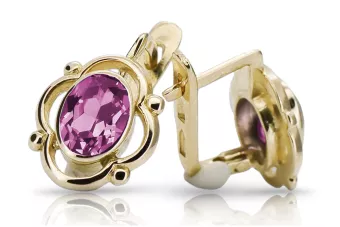 Gelb 14k Gold 14k (585) Amethyst-Ohrringe Vec033Y Russischer Sowjetischer UdSSR-Weinlese-Art-Deko-Stil