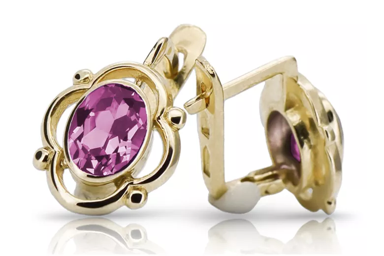 Gelb 14k Gold 14k (585) Amethyst-Ohrringe Vec033Y Russischer Sowjetischer UdSSR-Weinlese-Art-Deko-Stil