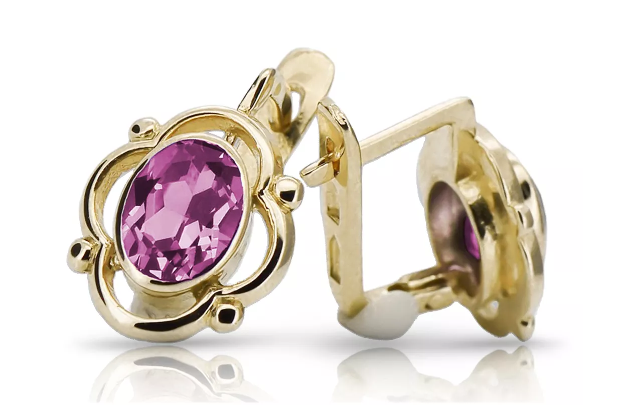 Gelb 14k Gold 14k (585) Amethyst-Ohrringe Vec033Y Russischer Sowjetischer UdSSR-Weinlese-Art-Deko-Stil