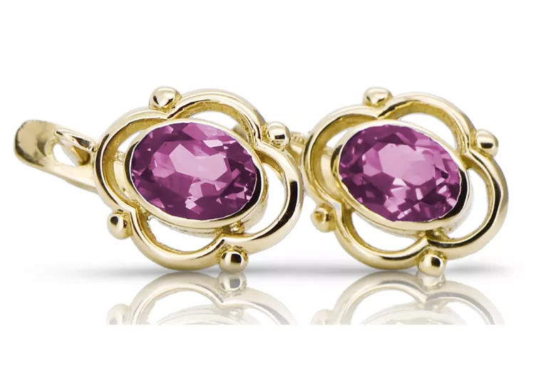 Žlutá 14k Gold 14k (585) Amethyst náušnice VEC033Y Ruský sovětský SSSR Vintage Art Deco Style