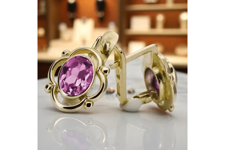Amarillo 14k Gold 14k (585) Pendientes de amatista VEC033Y RUSA SOVIET USSS Vintage Art Deco Style