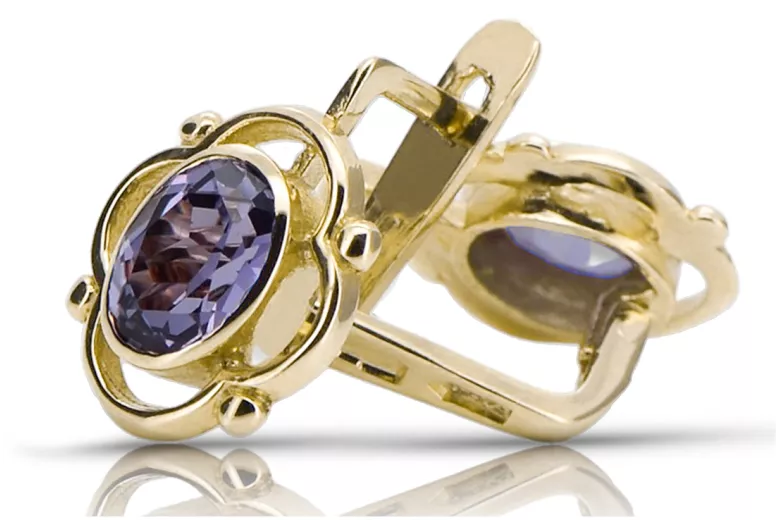 Kolczyki z 14k żółte złoto 14K (585) z Aleksandrytem vec033y Sowiecki Styl Vintage Art Deco