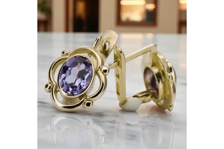 14k κίτρινο χρυσό 14K (585) Alexandrite Σκουλαρίκια vec033y Russian Soviet USSR Vintage Jewlery Art Deco style