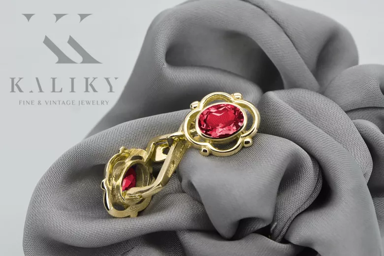 14К жовте золото 14K (585) Ruby Сережки vec033y Російський Радянський СРСР Вінтаж вироби Ар-деко style