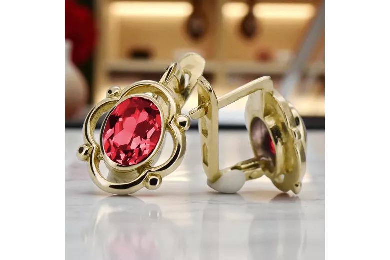 Or jaune 14 carats 14K (585) Ruby des boucles d'oreilles vec033y Russe Soviétique URSS Bijoux vintage Art Deco style