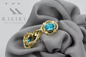 Or jaune 14 carats 14K (585) Aquamarine des boucles d'oreilles vec033y Russe Soviétique URSS Style vintage Art Deco style