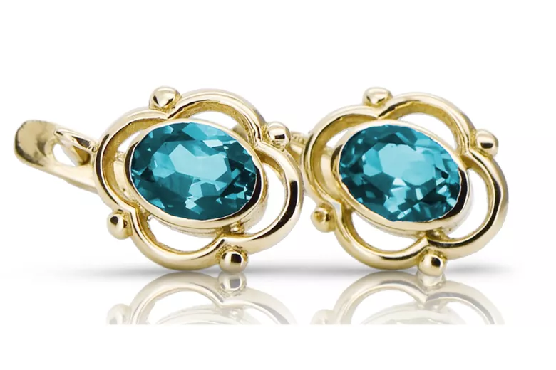 Oro amarillo de 14 quilates 14K (585) Aquamarine pendientes vec033y Ruso Soviético URSS Artesanía vintage Art Deco style