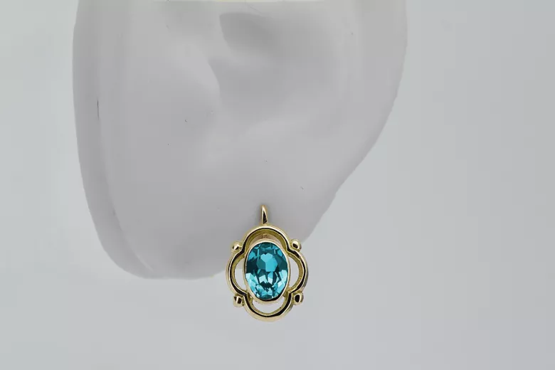 Or jaune 14 carats 14K (585) Aquamarine des boucles d'oreilles vec033y Russe Soviétique URSS Style vintage Art Deco style