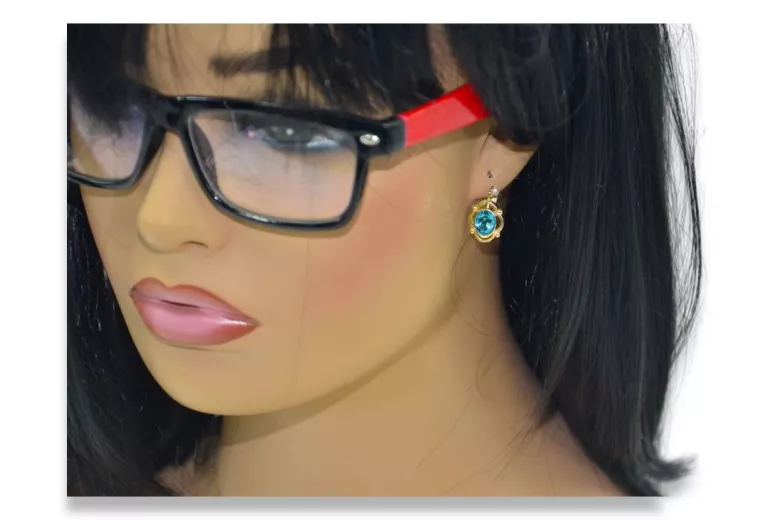 14k κίτρινο χρυσό 14K (585) Aquamarine Σκουλαρίκια vec033y Russian Soviet USSR Vintage craft Art Deco style