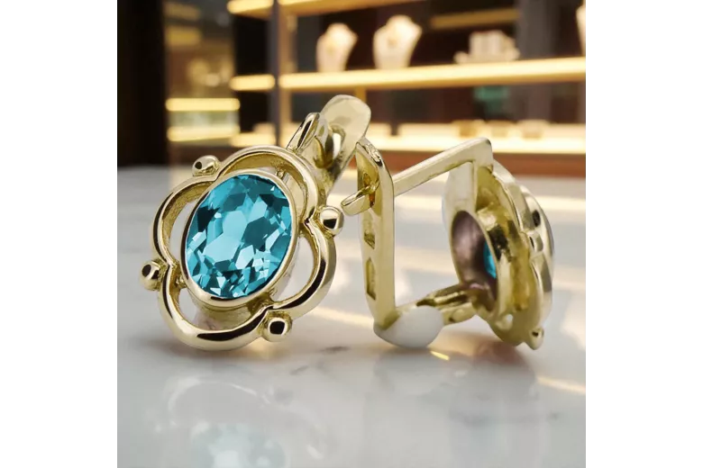 14 Karat Gelbgold 14K (585) Aquamarine ohrringe vec033y Russisch Sowjetisch UdSSR Vintage Handwerk Art Deco style