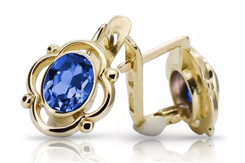 Or jaune 14 carats 14K (585) Sapphire des boucles d'oreilles vec033y Russe Soviétique URSS Vintage Art Deco style