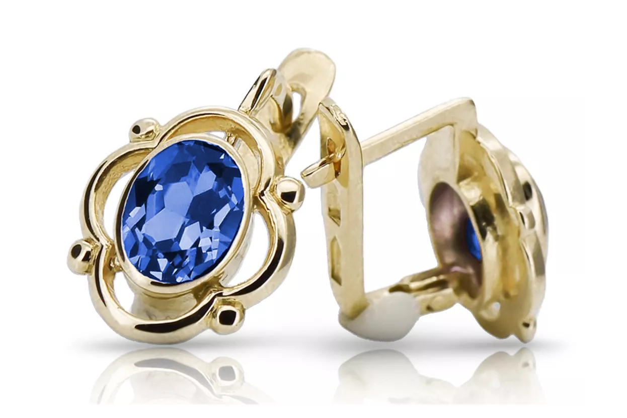 14 كارت من الذهب الأصفر 14K (585) Sapphire أقراط vec033y روسي سوفيتي الاتحاد السوفيتي مجوهرات فينتاج آرت ديكو style