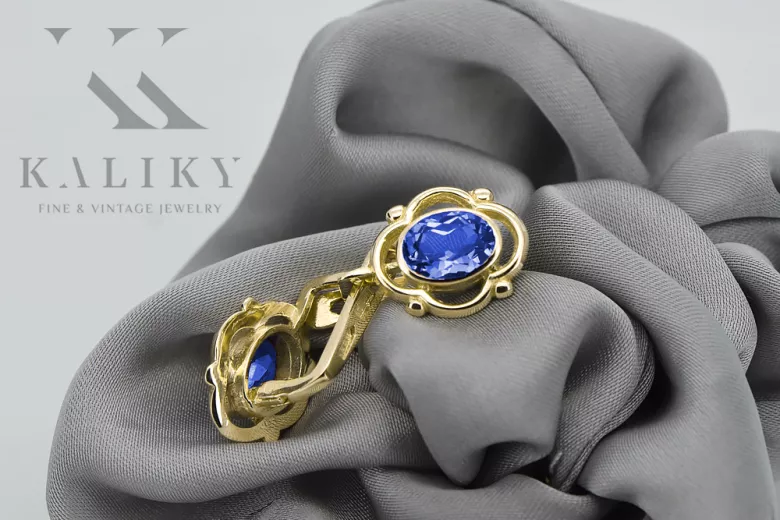 14 كارت من الذهب الأصفر 14K (585) Sapphire أقراط vec033y روسي سوفيتي الاتحاد السوفيتي مجوهرات فينتاج آرت ديكو style