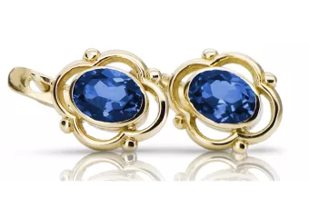 Or jaune 14 carats 14K (585) Sapphire des boucles d'oreilles vec033y Russe Soviétique URSS Vintage Art Deco style