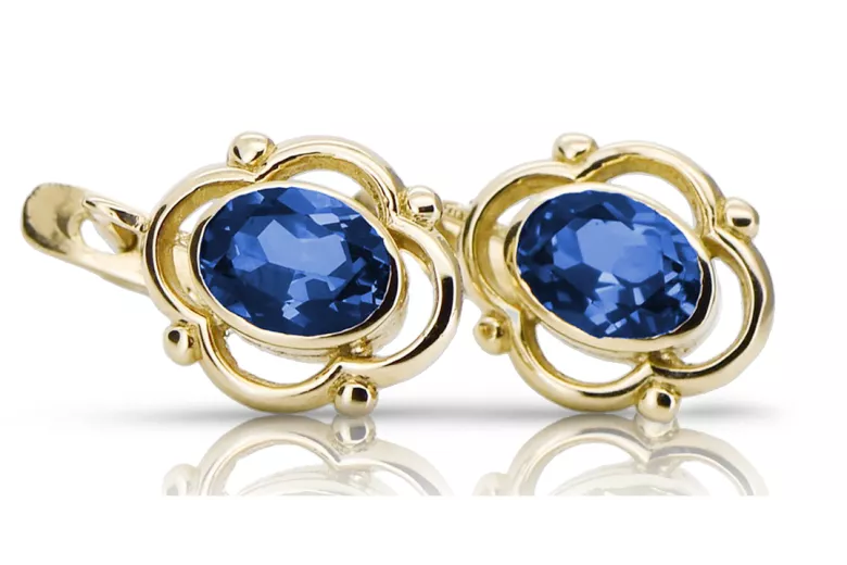 14 كارت من الذهب الأصفر 14K (585) Sapphire أقراط vec033y روسي سوفيتي الاتحاد السوفيتي مجوهرات فينتاج آرت ديكو style