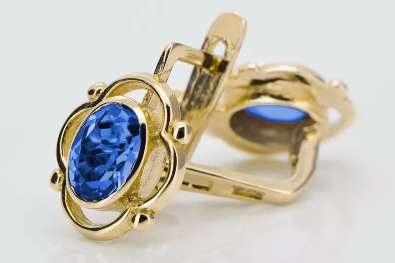 14 كارت من الذهب الأصفر 14K (585) Sapphire أقراط vec033y روسي سوفيتي الاتحاد السوفيتي مجوهرات فينتاج آرت ديكو style