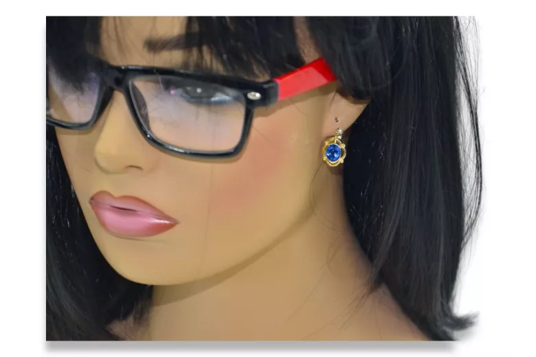 Or jaune 14 carats 14K (585) Sapphire des boucles d'oreilles vec033y Russe Soviétique URSS Vintage Art Deco style