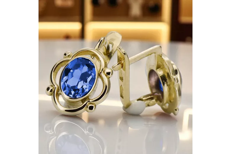 14 كارت من الذهب الأصفر 14K (585) Sapphire أقراط vec033y روسي سوفيتي الاتحاد السوفيتي مجوهرات فينتاج آرت ديكو style