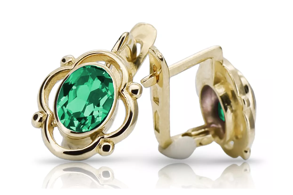 14k κίτρινο χρυσό 14K (585) Emerald Σκουλαρίκια vec033y Russian Soviet USSR Vintage Art Deco style