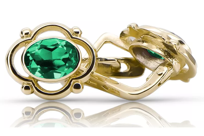 Or jaune 14 carats 14K (585) Emerald des boucles d'oreilles vec033y Russe Soviétique URSS Style vintage Art Deco style