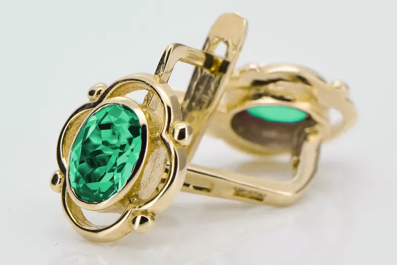 14K жълто злато 14K (585) Emerald Обеци vec033y Руски Съветски СССР Винтидж стил Ар-деко style