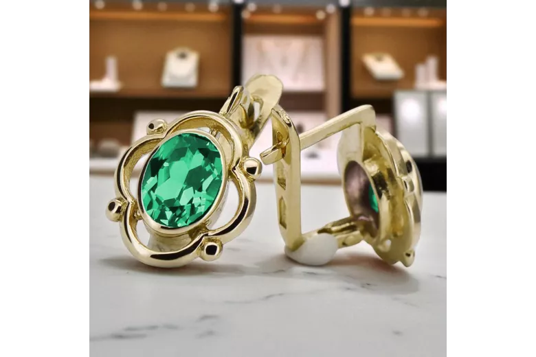 Yellow 14k gold 14K (585) Emerald earrings vec033y Russian Soviet USSR Vintage craft Art Deco style