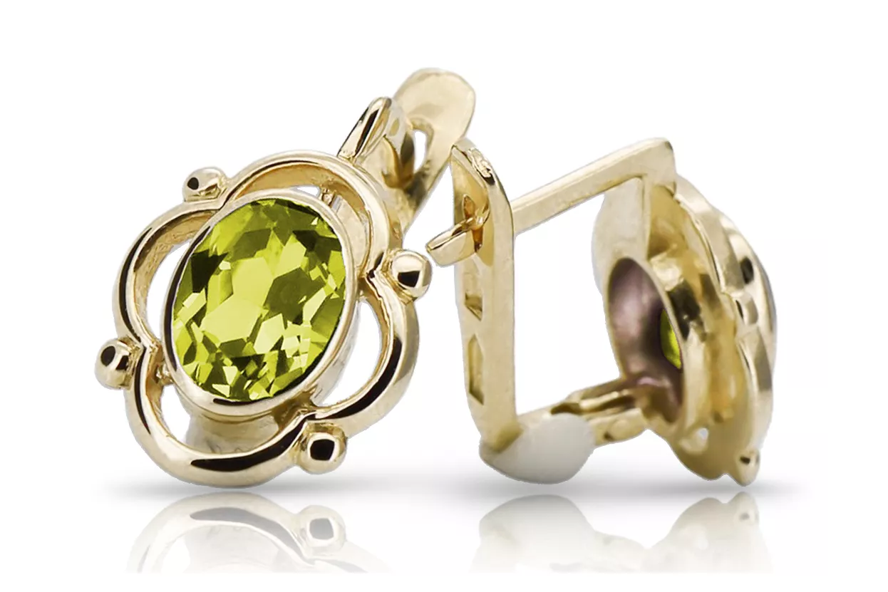Or jaune 14 carats 14K (585) Yellow Peridot des boucles d'oreilles vec033y Russe Soviétique URSS Vintage Art Deco style